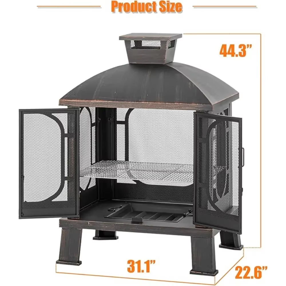 45" H×31''W Metal Chiminea Fire Pit with Grill Wood Burning Fire Pits for outside with Mesh Spark Screen Door& Fire Poker