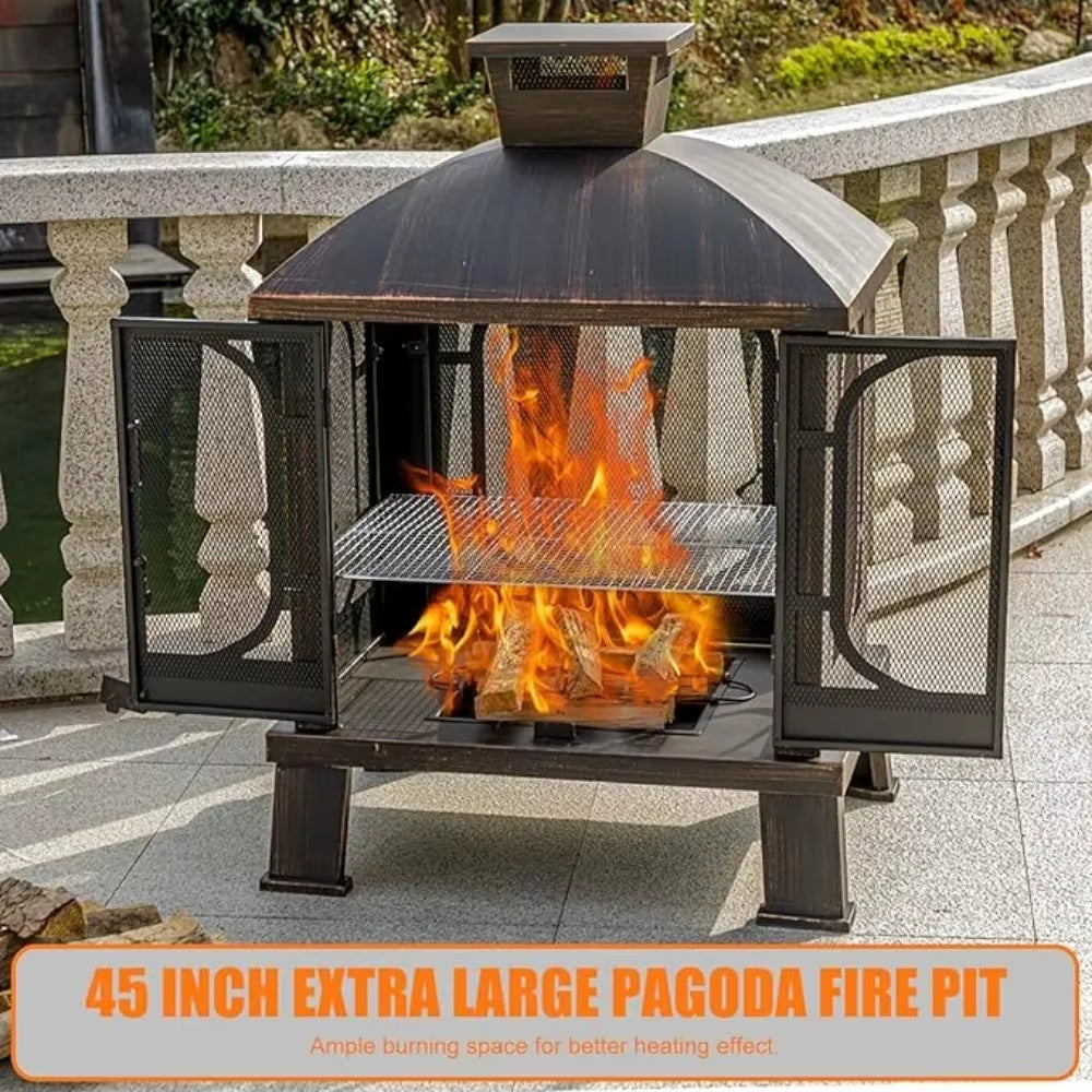 45" H×31''W Metal Chiminea Fire Pit with Grill Wood Burning Fire Pits for outside with Mesh Spark Screen Door& Fire Poker