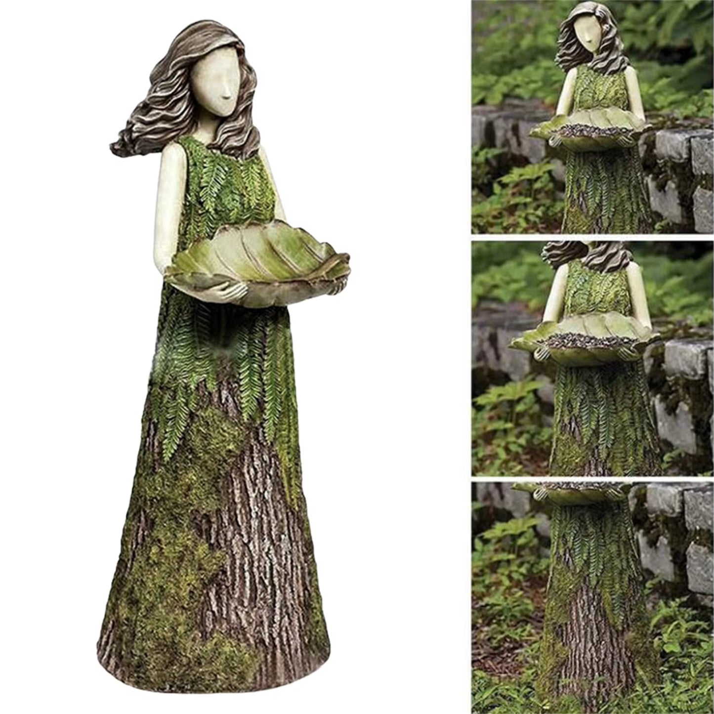 Green Fairy Statue Bird Feeder Resin Decoration Garden Forest Girl Sculpture Figurines Crafts Outdoor Lawn Garden Decoration New