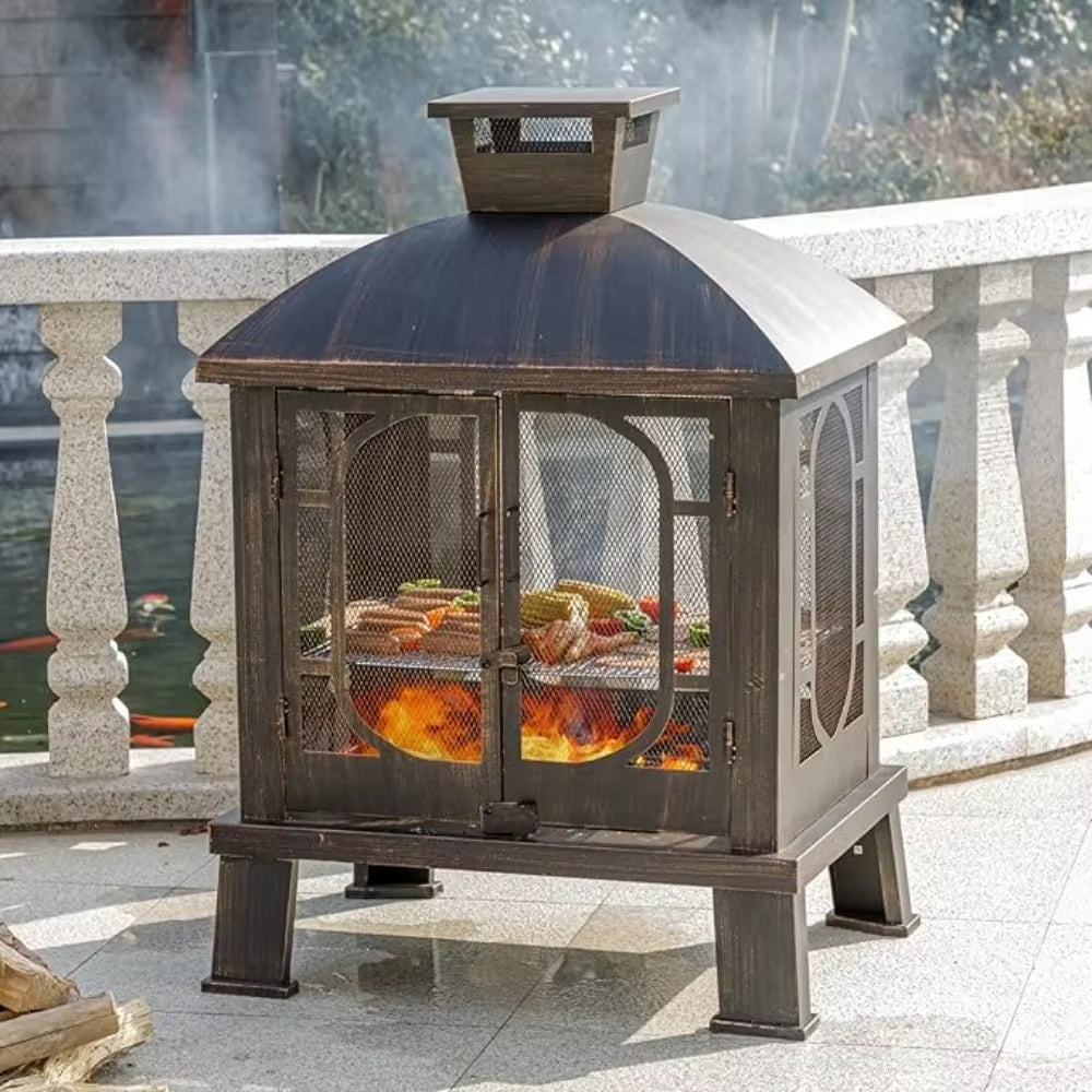 45" H×31''W Metal Chiminea Fire Pit with Grill Wood Burning Fire Pits for outside with Mesh Spark Screen Door& Fire Poker