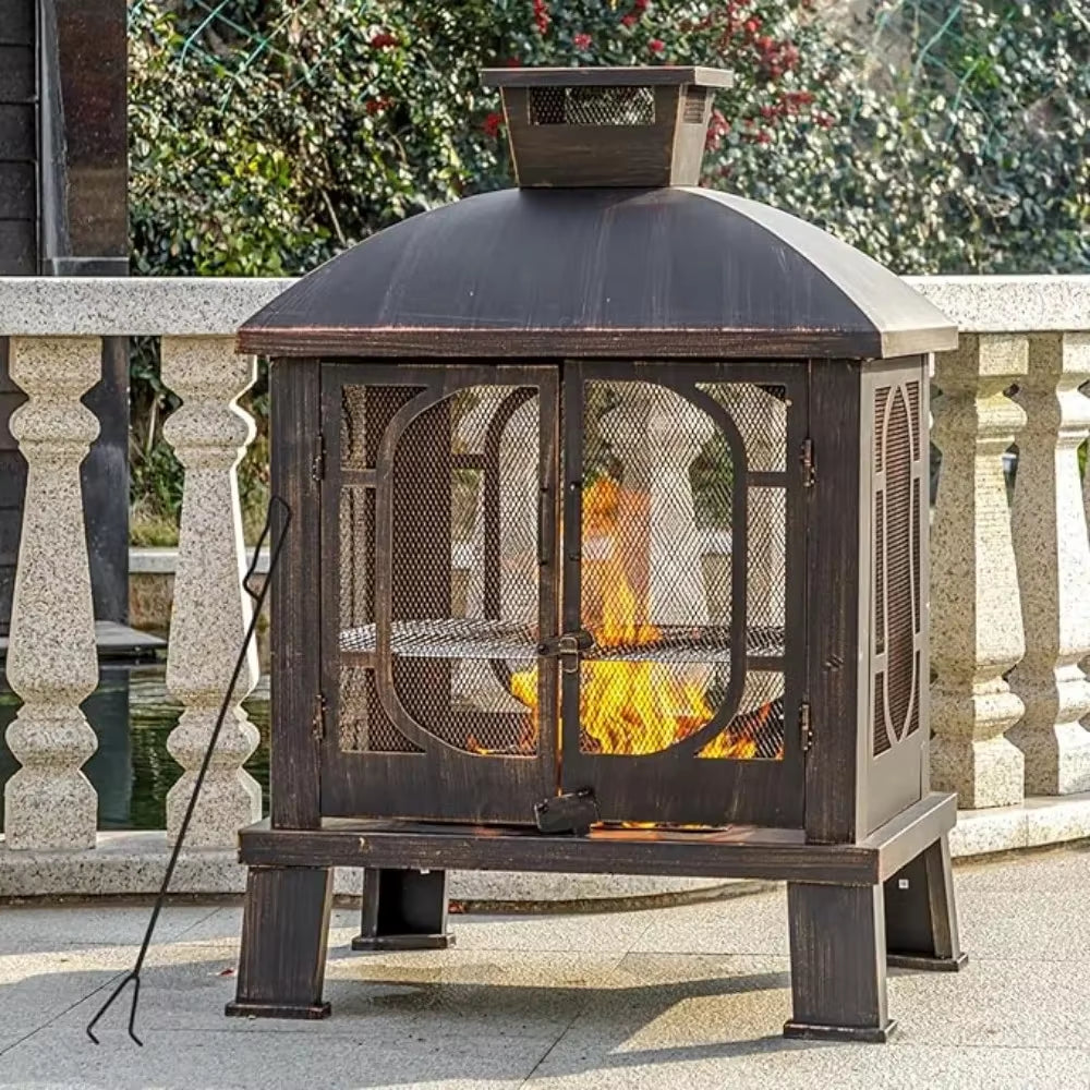 45" H×31''W Metal Chiminea Fire Pit with Grill Wood Burning Fire Pits for outside with Mesh Spark Screen Door& Fire Poker