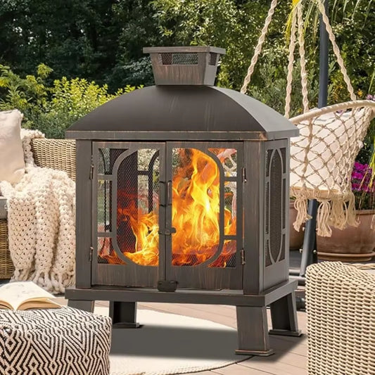 45" H×31''W Metal Chiminea Fire Pit with Grill Wood Burning Fire Pits for outside with Mesh Spark Screen Door& Fire Poker