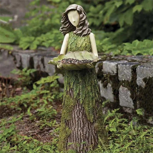Green Fairy Statue Bird Feeder Resin Decoration Garden Forest Girl Sculpture Figurines Crafts Outdoor Lawn Garden Decoration New