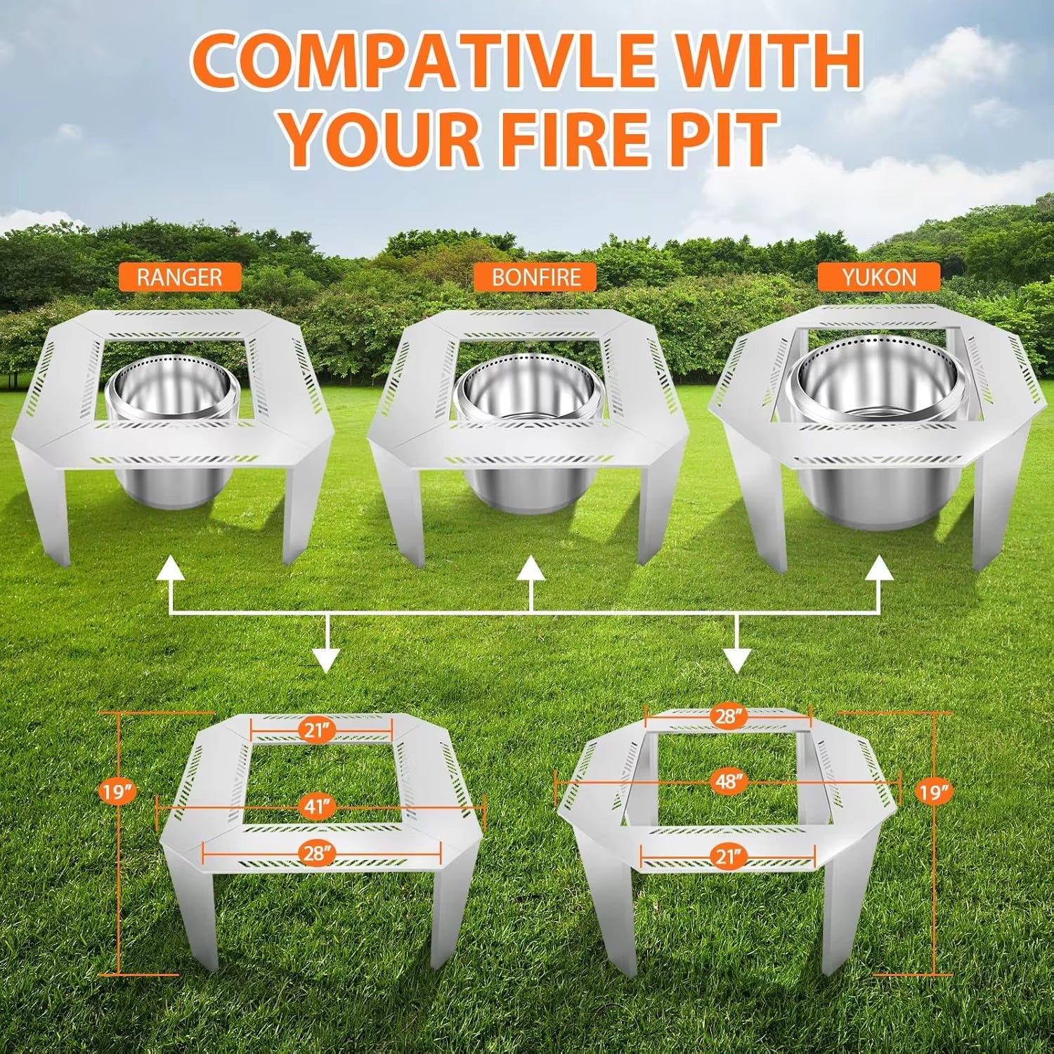 Adjustable Stainless Steel Fire Pit Surround Table, 41" & 48" Options for Solo Stove Yukon, Bonfire, Ranger & TIKI Fire Pits,